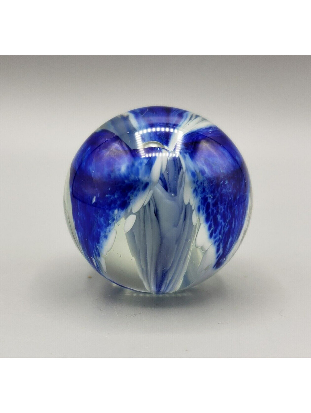 Art Glass Paperweight Small Sphere Blue White Flower with Controlled Bubble